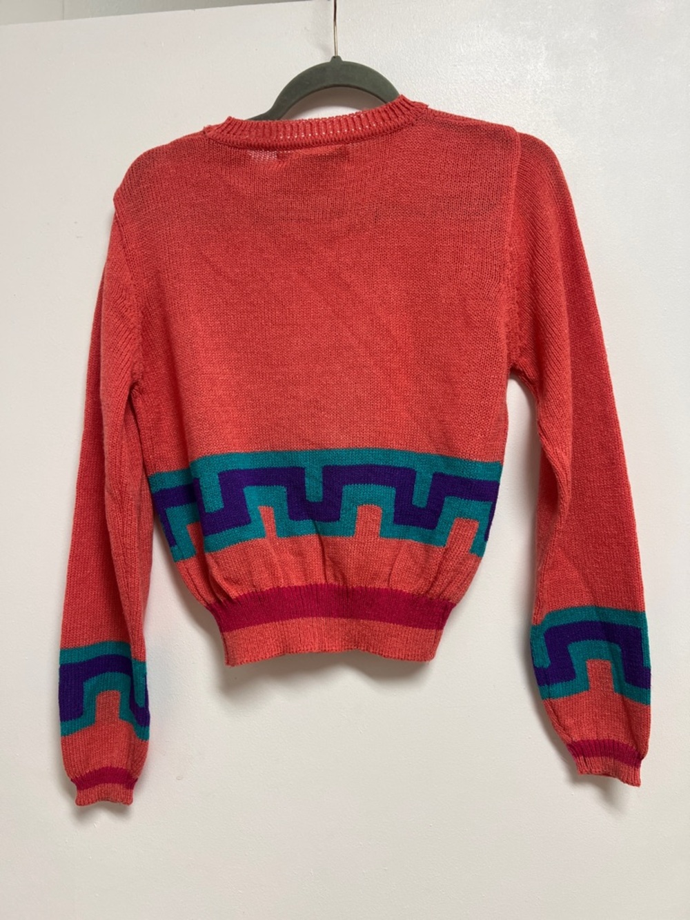 Michelle Stuart Vintage Coral Crewneck Sweater Teal & Purple Trim Small Medium - Picture 5 of 5